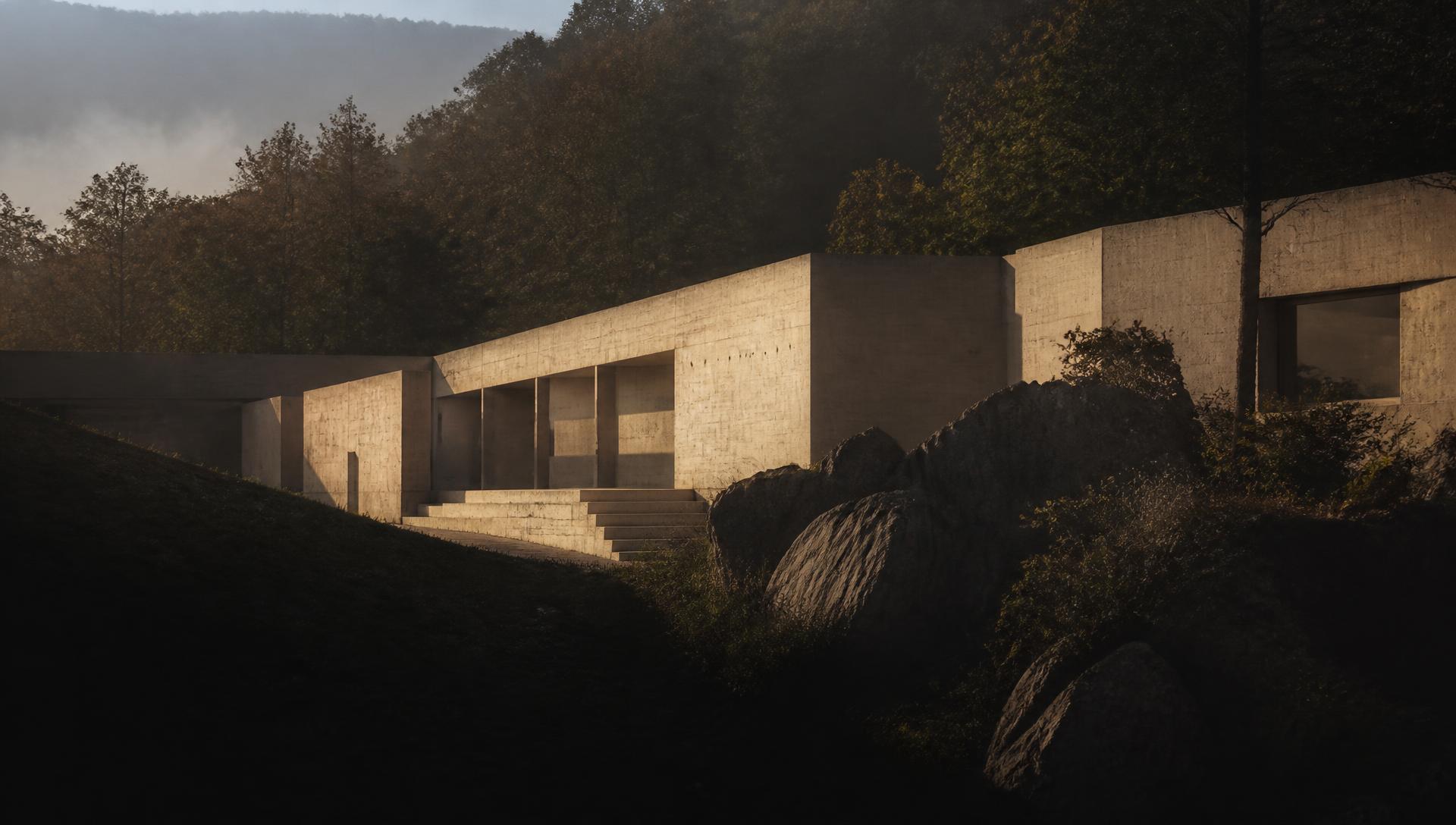 Résidence contemporaine en béton intégrée dans un paysage boisé